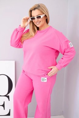 Komplet damski Plus Size bawełniany z luźną bluzą i spodniami z szeroką nogawką różowy