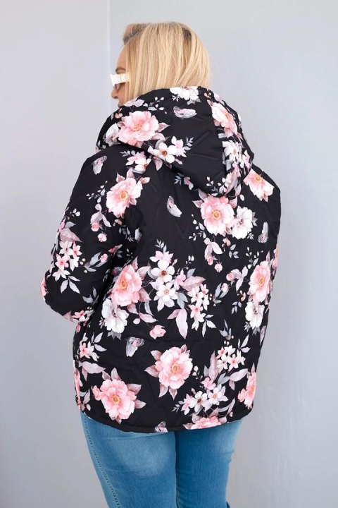 Kurtka damska wiosenna pikowana Plus Size z kapturem i kwiatowym wzorem czarna