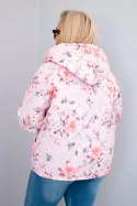 Kurtka damska wiosenna pikowana Plus Size z kapturem i kwiatowym wzorem pudrowy róż