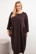 Sukienka damska Plus Size bawełniana z długim rękawem i marszczeniem w talii brązowa