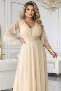 654-2 Długa połyskująca sukienka plus size z dekoltem i transparentnym rękawkiem - szampański beż