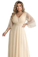654-2 Długa połyskująca sukienka plus size z dekoltem i transparentnym rękawkiem - szampański beż