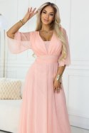 654-4 Długa połyskująca sukienka plus size z dekoltem i transparentnym rękawkiem - brzoskwiniowa