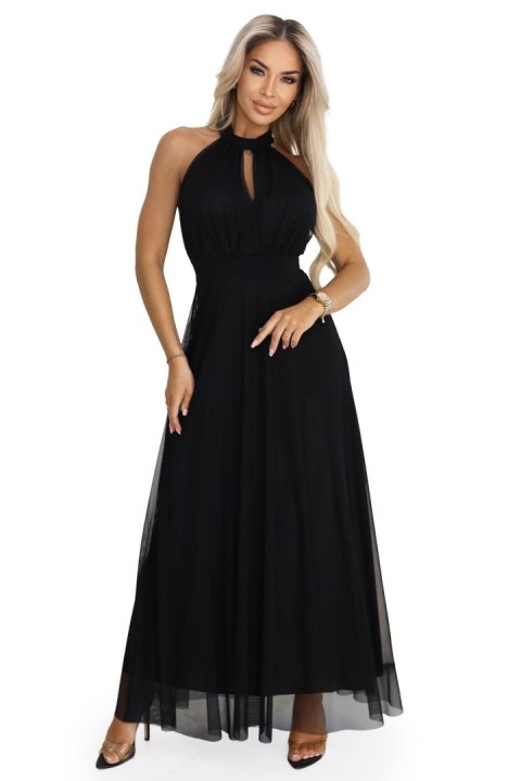 662-2 Elegancka sukienka wieczorowa maxi halter z tiulem i wiązaniem w talii - czarna