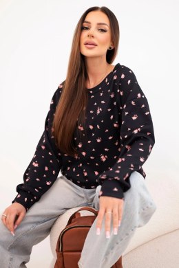 Bluza damska wiskozowa w drobne kwiatki z długim rękawem czarna