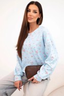 Bluza damska wiskozowa w drobne kwiatki z długim rękawem niebieska