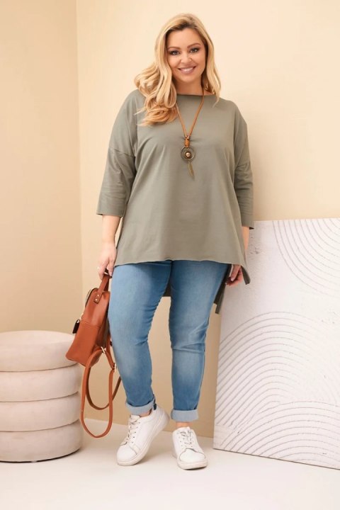 Bluzka damska bawełniana Plus Size asymetryczna z naszyjnikiem khaki
