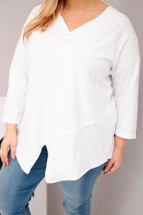 Bluzka damska bawełniana Plus Size z głębokim dekoltem V i asymetrycznym dołem biała