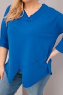 Bluzka damska bawełniana Plus Size z głębokim dekoltem V i asymetrycznym dołem chabrowa