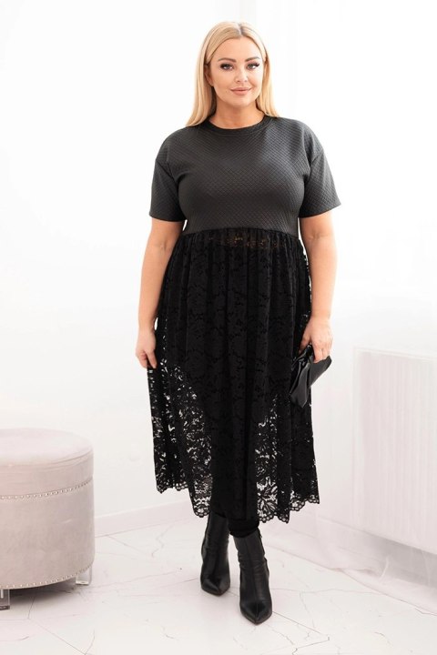 Sukienka damska Plus Size z krótkim rękawem i koronkowym dołem czarna