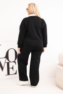 Komplet damski masełko Plus Size z szerokimi nogawkami i kołnierzykiem czarny