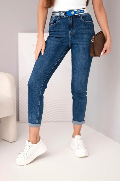 Spodnie damskie jeansowa Mom Fit z wysokim stanem i kontrastowym paskiem ciemno jeansowa