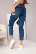 Spodnie damskie jeansowa Mom Fit z wysokim stanem i kontrastowym paskiem ciemno jeansowa
