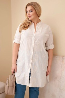 Sukienka damska Plus Size z haftem i podwijanym rękawem beżowa