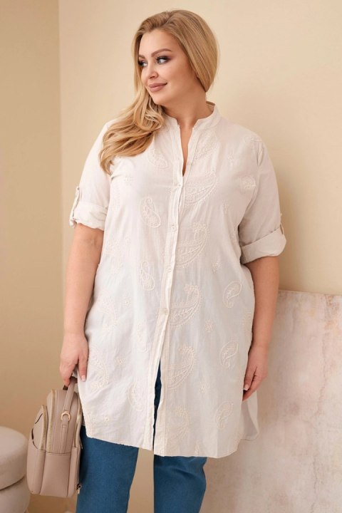 Sukienka damska Plus Size z haftem i podwijanym rękawem beżowa