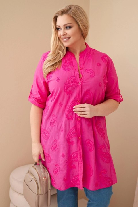 Sukienka damska Plus Size z haftem i podwijanym rękawem różowa