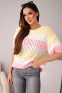 Sweter damski ażurowy w kolorowe pasy z krótkim rękawem żółty