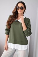 Bluza damska masełkowa z wiskozowy i z koszulową wstawką khaki