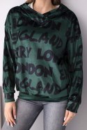 Bluza damska oversize z kapturem i nadrukiem ciemno zielona