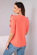 Sweter damski z krótkim rękawem i ozdobnymi kokardkami malinowy