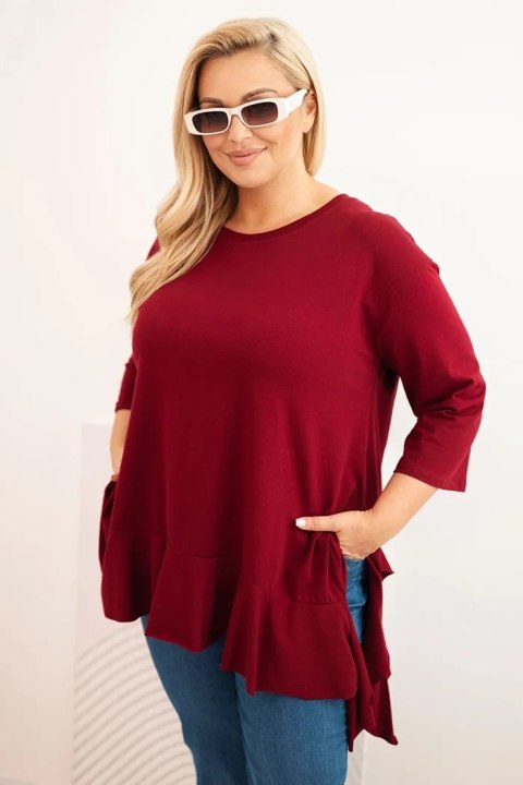 Bluzka damska Plus Size z bawełną z falbaną i rękawem podwijanym bordowa