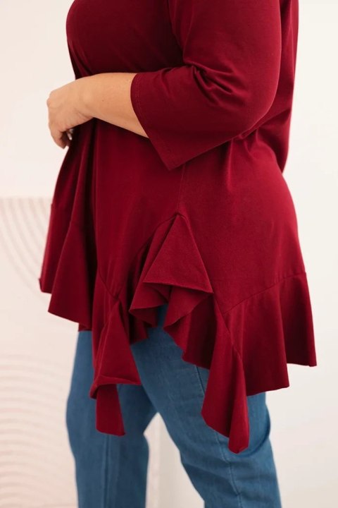 Bluzka damska Plus Size z bawełną z falbaną i rękawem podwijanym bordowa