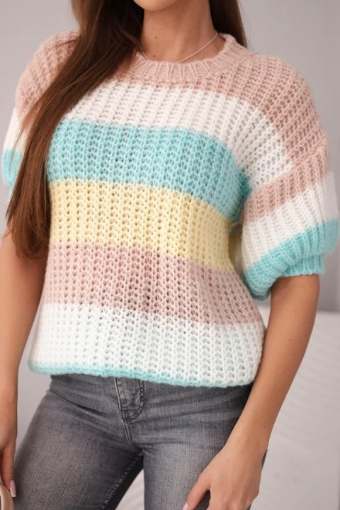 Sweter damski ażurowy w kolorowe pasy z krótkim rękawem ciemny pudrowy róż