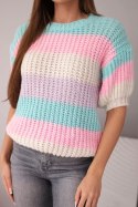 Sweter damski ażurowy w kolorowe pasy z krótkim rękawem miętowy