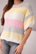 Sweter damski ażurowy w kolorowe pasy z krótkim rękawem szary