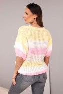 Sweter damski ażurowy w kolorowe pasy z krótkim rękawem żółty