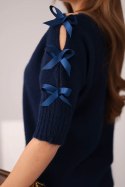 Sweter damski z krótkim rękawem i ozdobnymi kokardkami granatowy