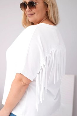 Bluzka damska bawełniana Plus Size z dekoltem V i frędzlami na plecach biała