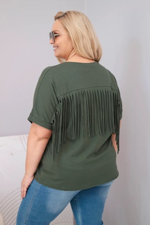 Bluzka damska bawełniana Plus Size z dekoltem V i frędzlami na plecach khaki