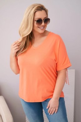 Bluzka damska bawełniana Plus Size z dekoltem V i frędzlami na plecach łososiowa