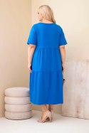 Sukienka damska bawełniana Plus Size z krótkim rękawem i falbaną chabrowa