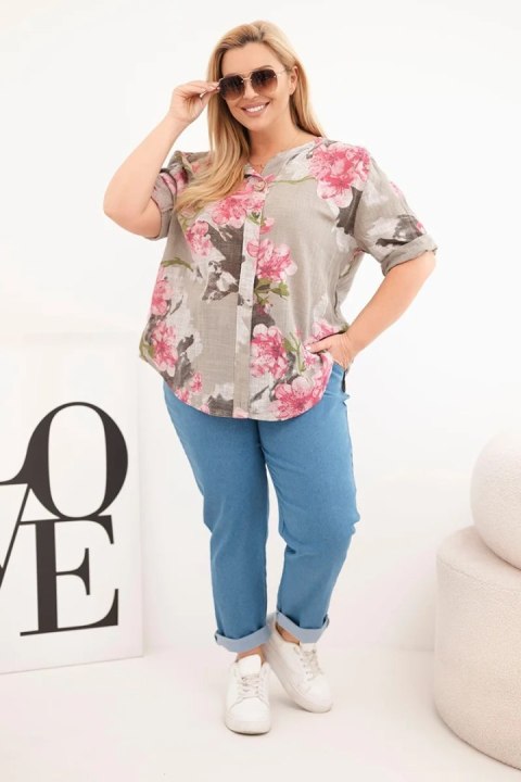 Bluzka damska bawełniana Plus Size z dekoltem V w kwiatowy wzór fango