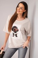 Bluzka damska bawełniana oversize z nadrukiem "Dog Fashion" beżowa