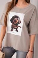 Bluzka damska bawełniana oversize z nadrukiem "Dog Fashion" fango