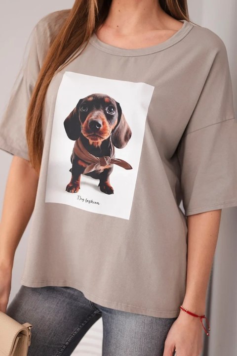 Bluzka damska bawełniana oversize z nadrukiem "Dog Fashion" fango