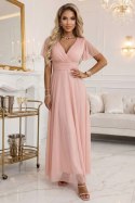 635-7 MELANIA długa błyszcząca suknia na wesele z dekoltem i krótkim rękawkiem - brzoskwiniowa