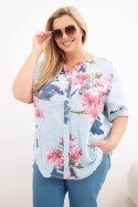 Bluzka damska bawełniana Plus Size z dekoltem V w kwiatowy wzór niebieska