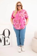 Bluzka damska bawełniana Plus Size z dekoltem V w kwiatowy wzór różowa
