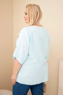 Bluzka damska wiskozowa Plus Size z krótkim rękawem i ozdobną apaszką miętowa