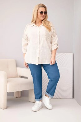 Koszula damska bawełniana Plus Size z kołnierzykiem i koronkową wstawką beżowa