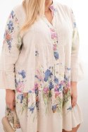 Sukienka damska bawełniana Plus Size z dekoltem V i guzikami kwiatowy wzór beżowa