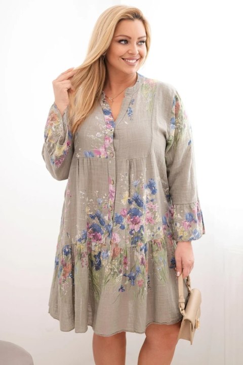 Sukienka damska bawełniana Plus Size z dekoltem V i guzikami kwiatowy wzór fango