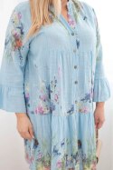 Sukienka damska bawełniana Plus Size z dekoltem V i guzikami kwiatowy wzór niebieska
