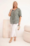 Bluzka damska bawełniana Plus Size z krótkim rękawem i ozdobnym guzikiem khaki