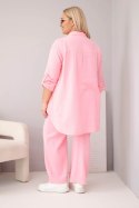Komplet damski muślinowy Plus Size z koszulą zapinaną na guziki i spodniami z szeroką nogawką cukierkowy róż