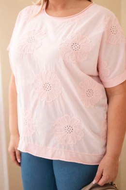 Bluzka damska bawełniana Plus Size z haftowanymi kwiatami cukierkowy róż